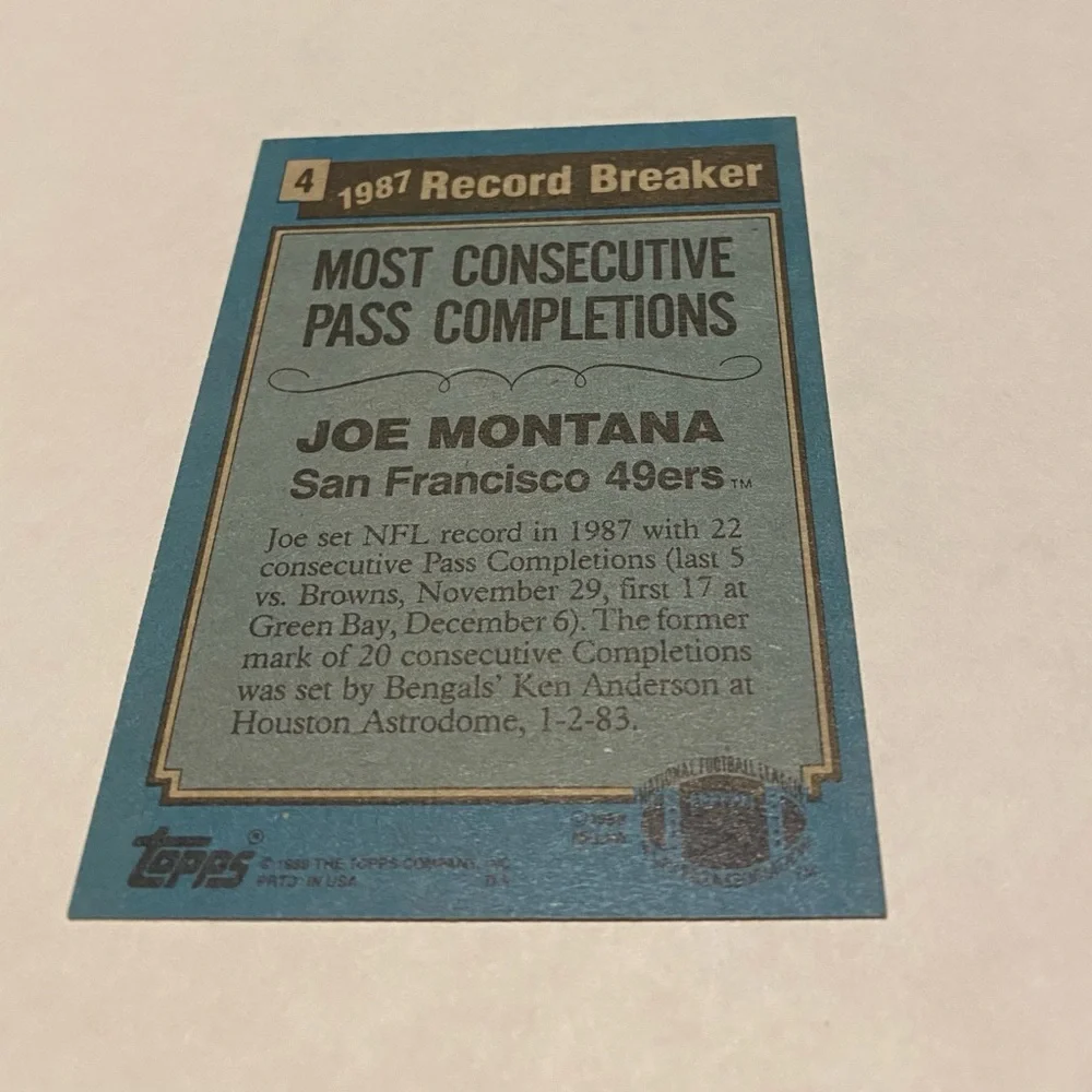 Joe Montana Record Breaker 1988 Topps Football Card #4 San Francisco 49ers